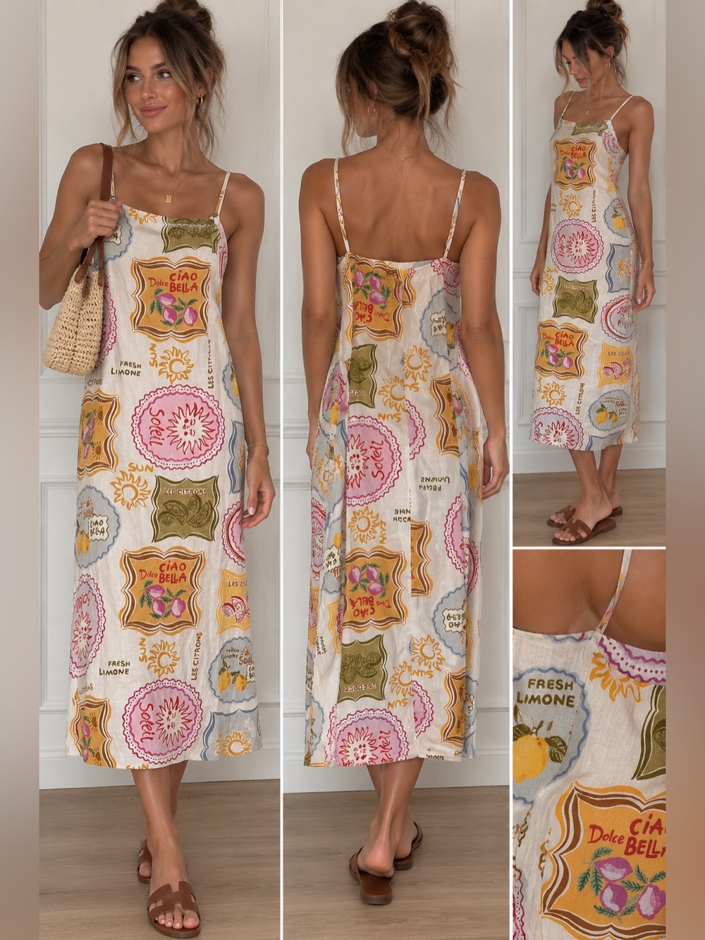 Anthropologie Cream Midi Dress with Pink, Yellow and Green Medallion Print